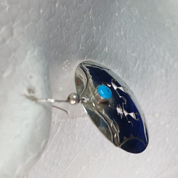 Native American Hook Earrings Sterling Silver Cut Out Figures and Turquoise - Picture 10 of 12